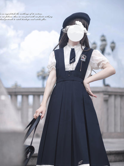 Elegant Puff Sleeve Inner Shirt & Navy Skirt  HUT0094