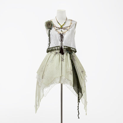 Ivory Floral Chiffon Asymmetric Hem Dress With Lace Vest YOU0308