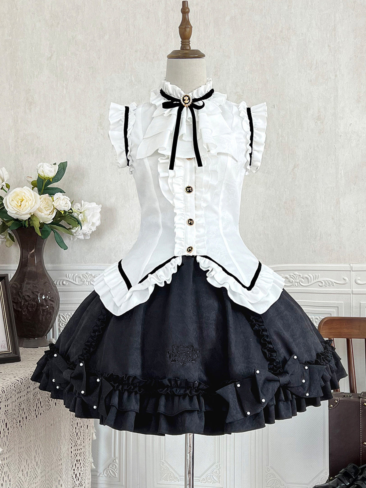 Black White Ruffled Lolita Vest Skirt Set YOU0269