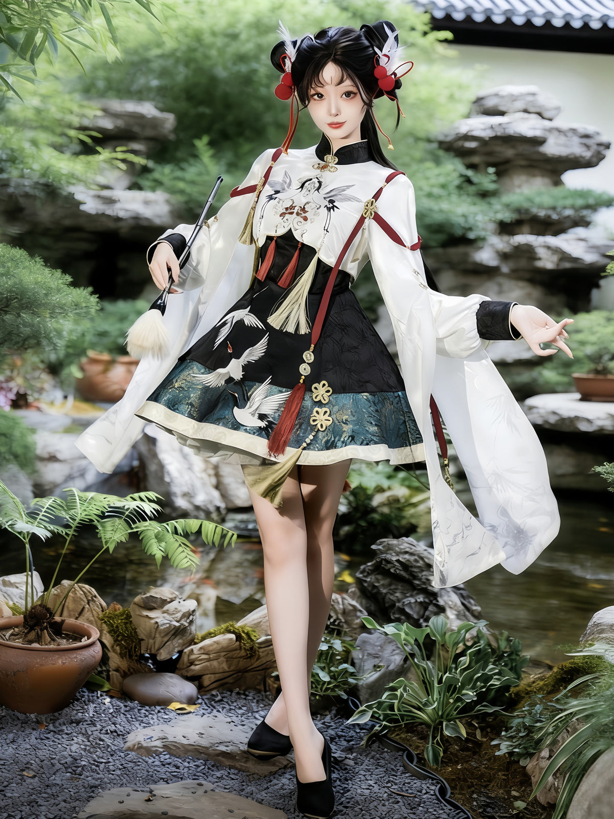 Chinese Style Crane Embroidered Cape Dress YOU0261