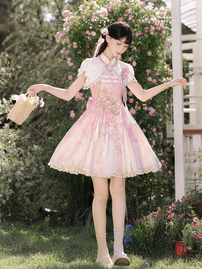 Chinese Style Cherry Blossom Embroidered Cape Dress YOU0272