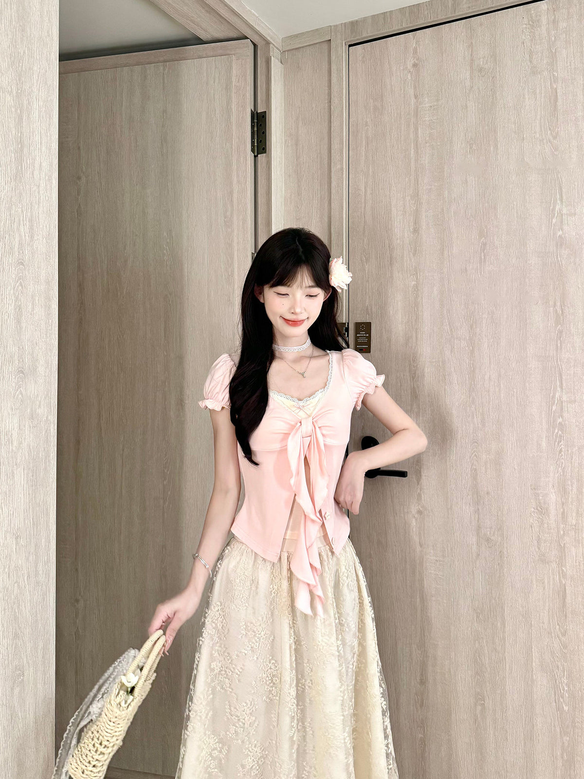 Puff Sleeve Ribbon Lace Skirt Set BEL0034