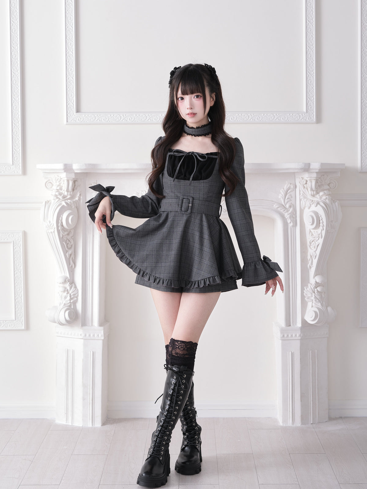Plaid Square Neck Belted Dress NOG0027