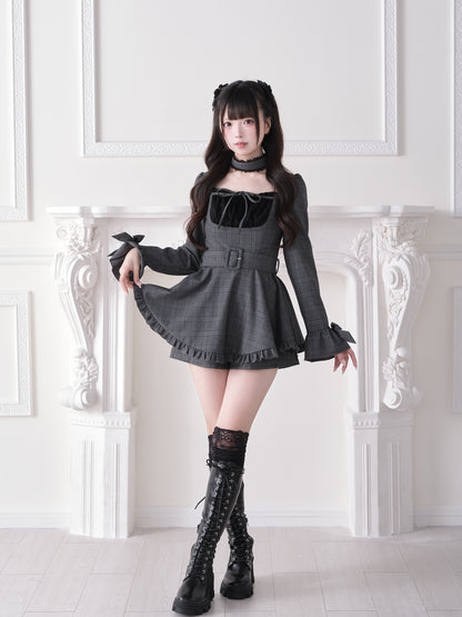 Plaid Square Neck Belted Dress NOG0027