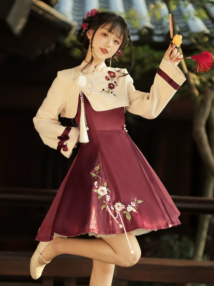 Embroidered flowers Short Jacket and Red China Dress YOU0011