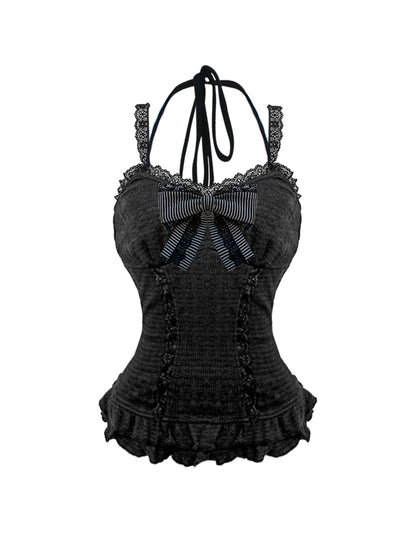 Black Lace Camisole Cardigan And Pleated Skirt Set SER0137