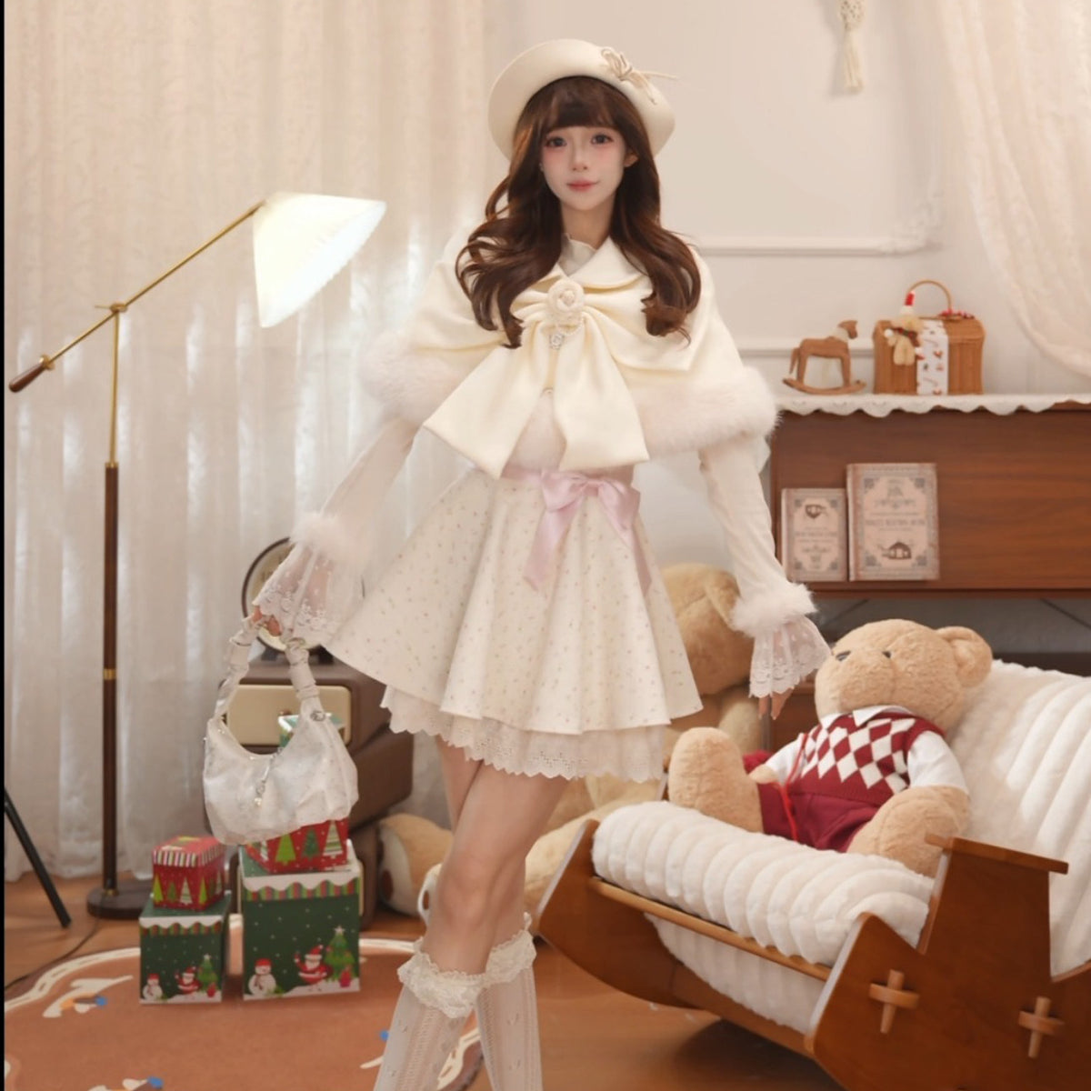 Sweet Bow Fur-Trim Cape Dress Set BEL0024