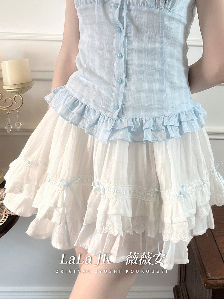 Tiered Ruffle Lace Trim Mini Skirt LAL0244