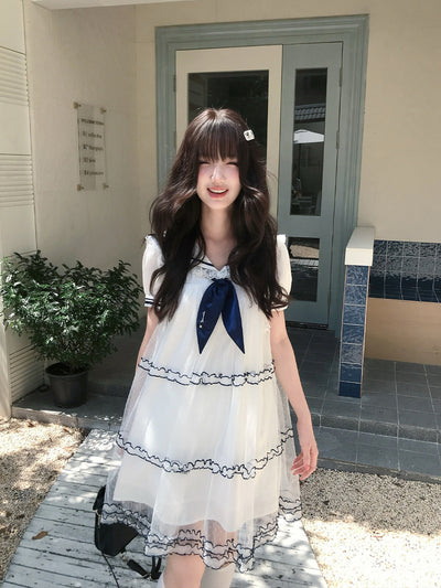 Sailor Collar Tiered Lace Dress LAL0194