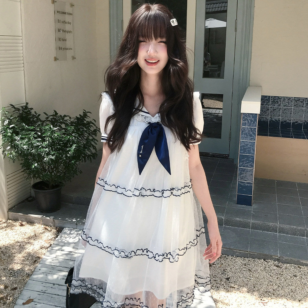 Sailor Collar Tiered Lace Dress LAL0194