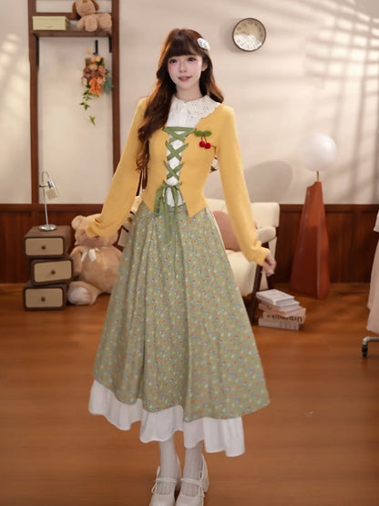 Vintage Lace-Up Cardigan Floral Midi Skirt Set BEL0042