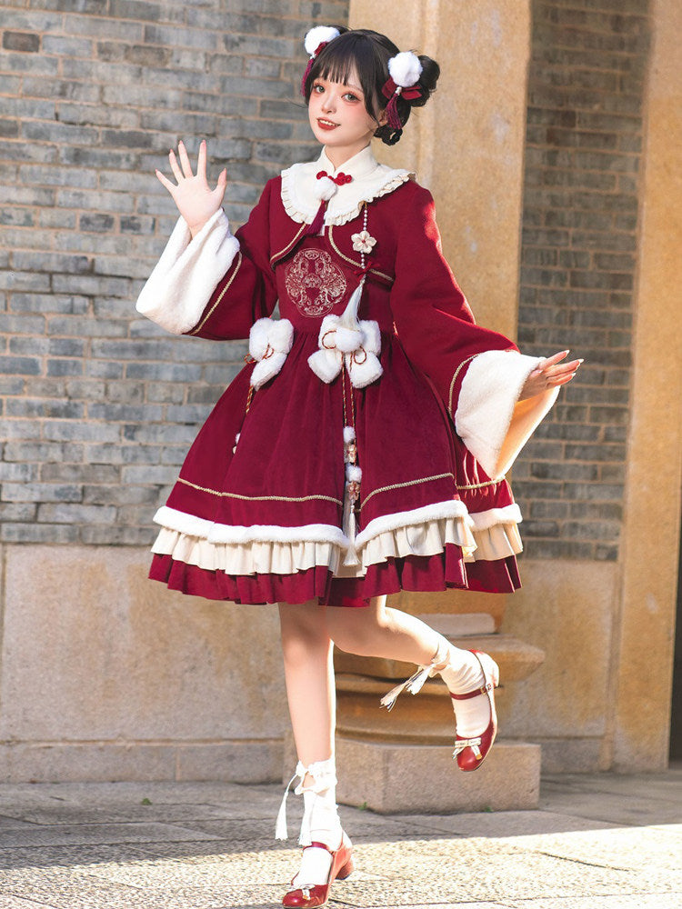 Chinese Style Red New Year Cape Dress Set YOU0236