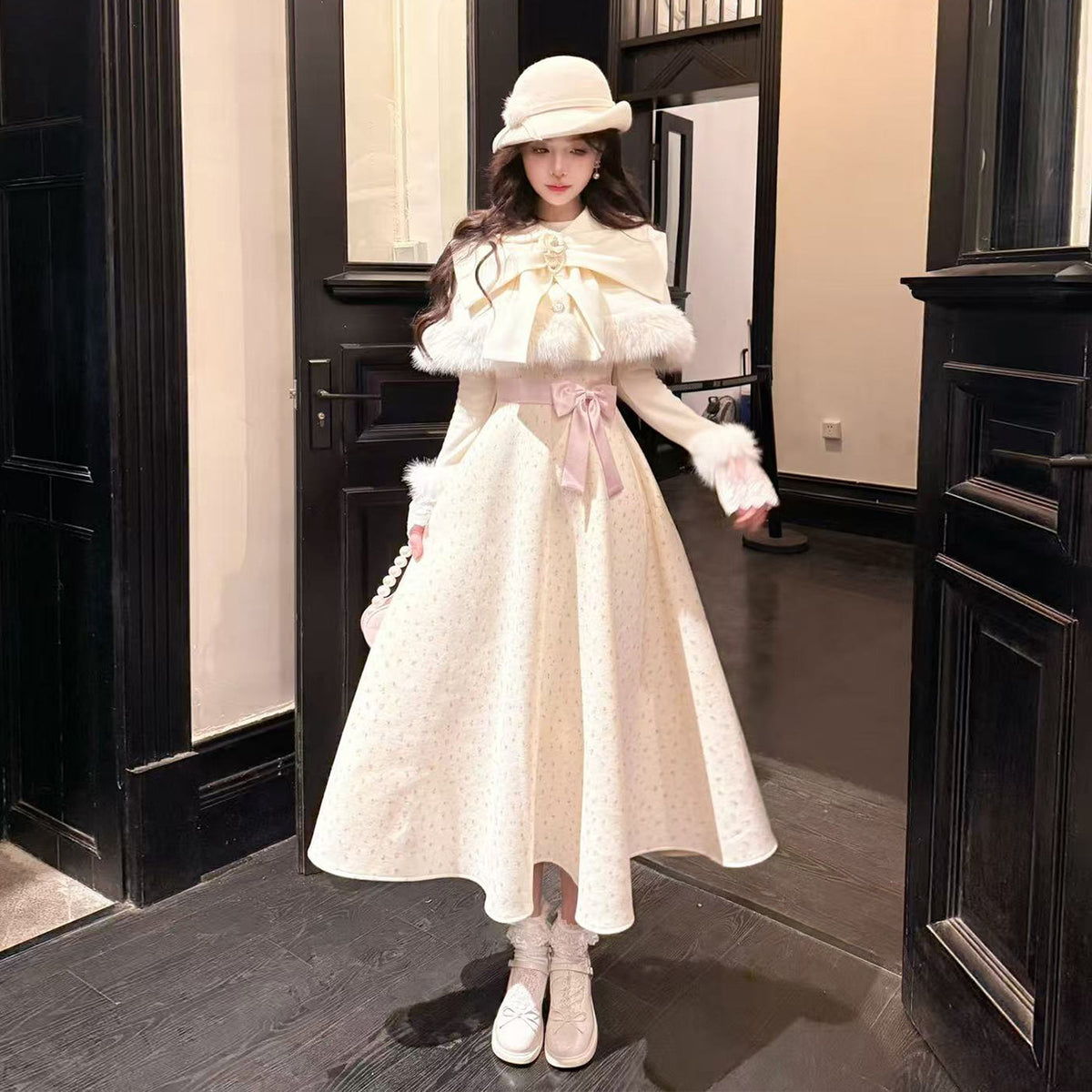 Sweet Bow Fur-Trim Cape Dress Set BEL0024