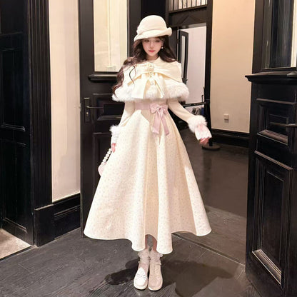 Sweet Bow Fur-Trim Cape Dress Set BEL0024