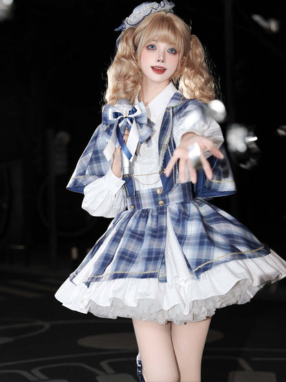 Plaid Cape Bow Blouse With Tiered Skirt LAL0167