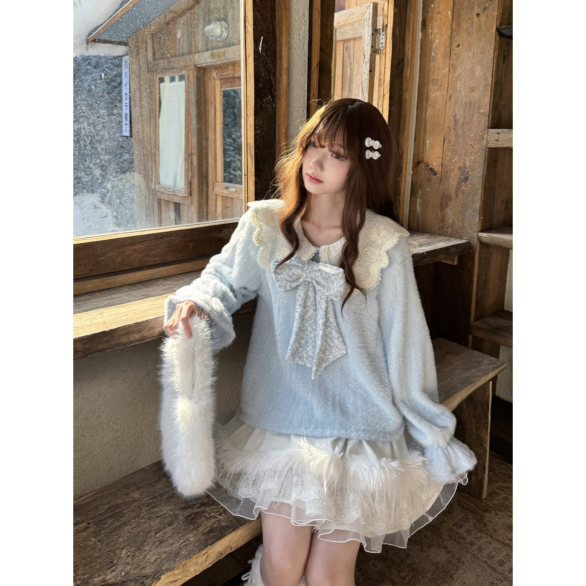 Fluffy Lace Collar Knit Sweater With Tiered Skirt LAL0154