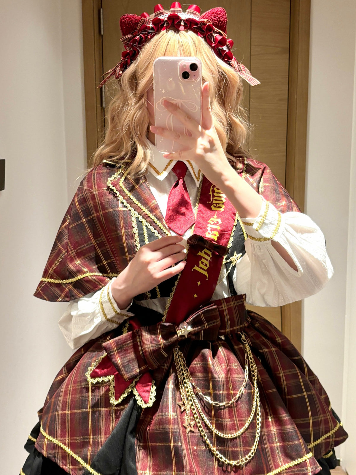 Plaid Cape Necktie Blouse With Tiered Skirt LAL0168