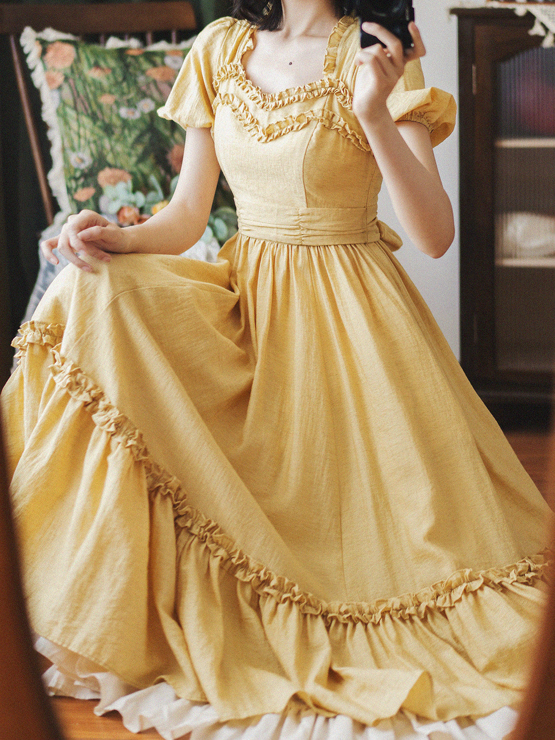 Vintage Square-Neck Puff-Sleeve Tiered Dress FOR0073