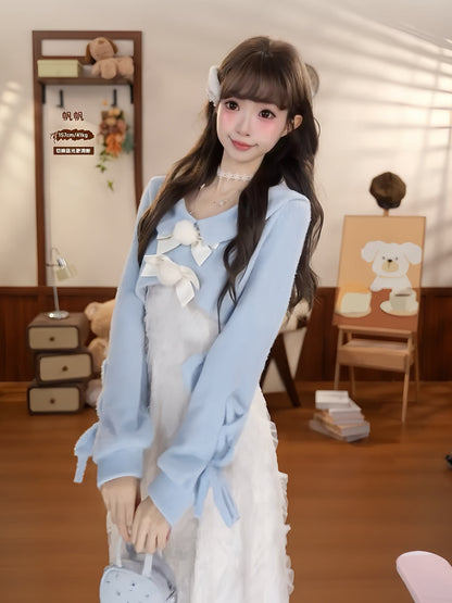 Ribbon Bow Knit Cardigan Lace Dress Set BEL0020