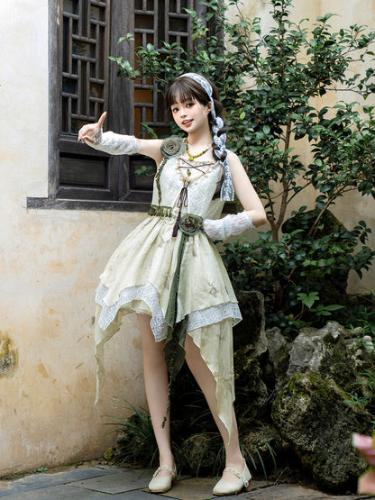 Ivory Floral Chiffon Asymmetric Hem Dress With Lace Vest YOU0308