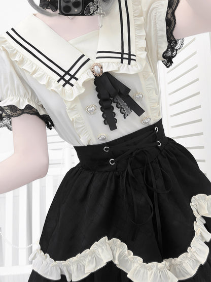 Sailor Collar Ruffle Blouse Skirt Set LAL0250