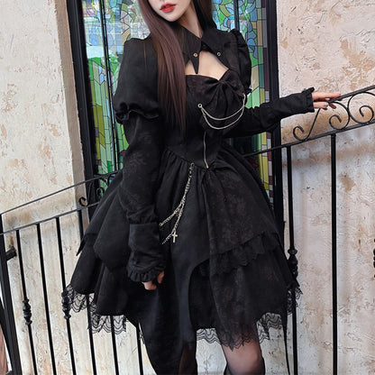 Dark Gothic High-Waist Long-Sleeve Lolita Dress YOU0235