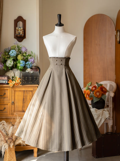 Vintage Pinstripe Pleated Midi Skirt FOR0075