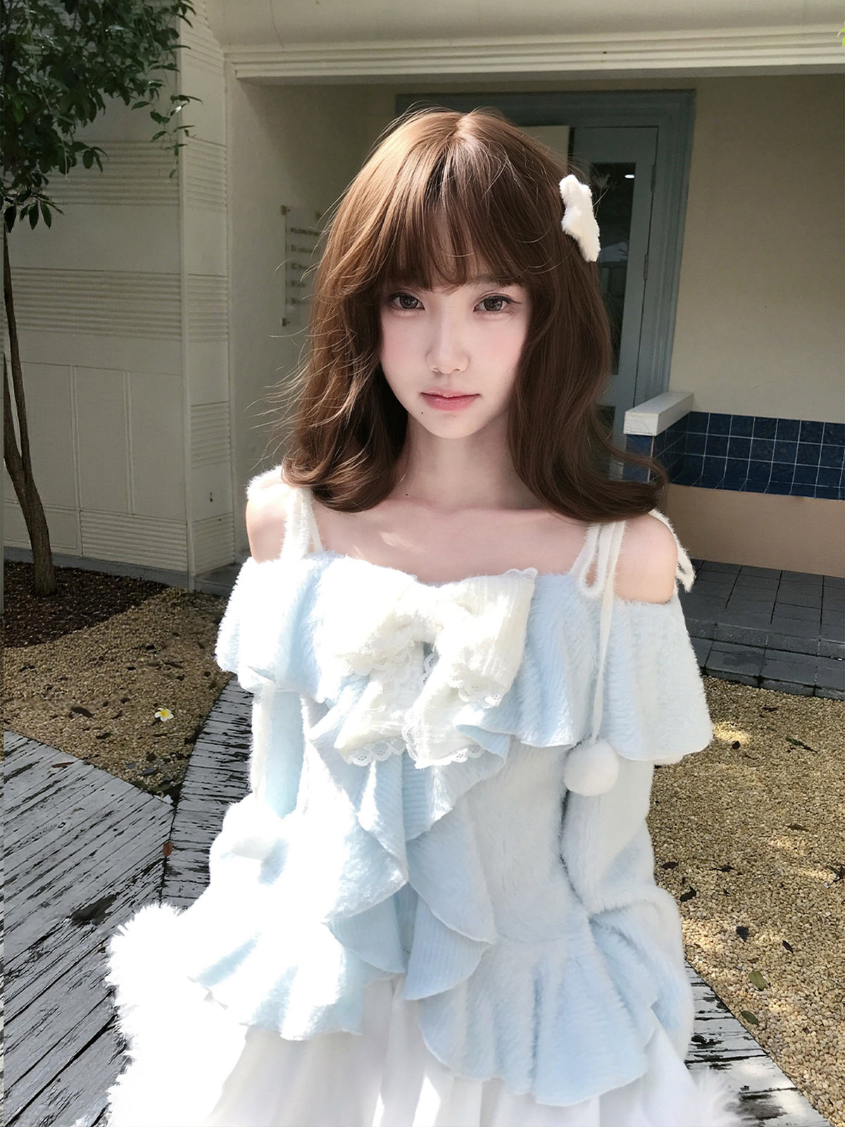 Snow Frost Ruffle Off Shoulder Sweater LAL0150