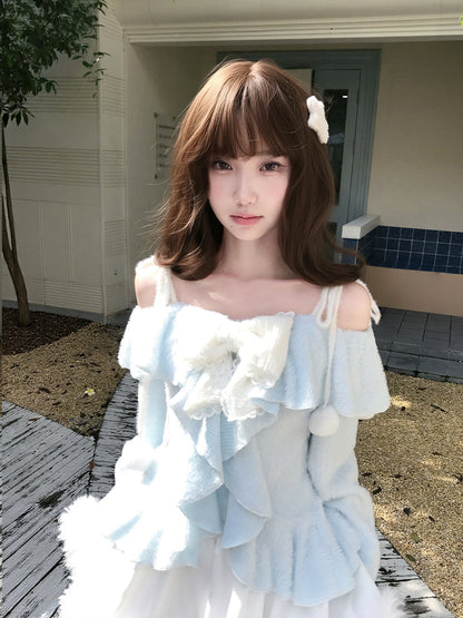 Snow Frost Ruffle Off Shoulder Sweater LAL0150