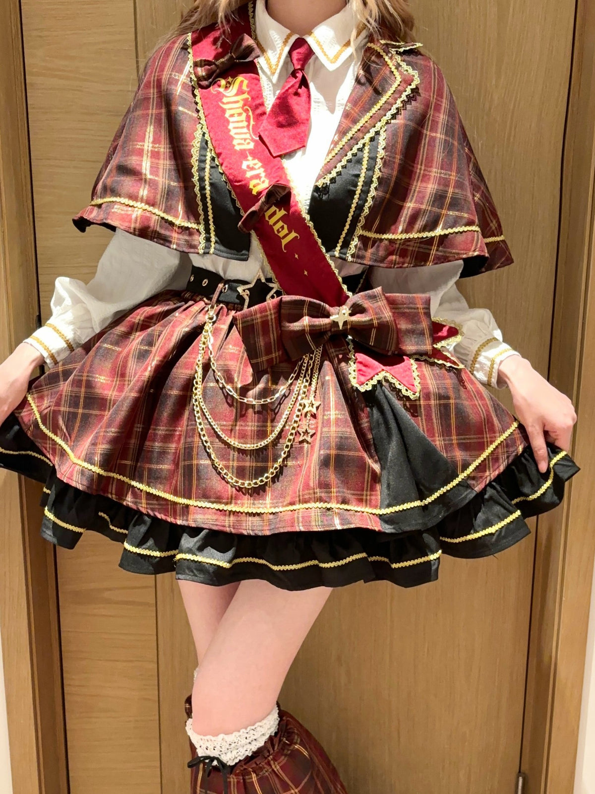 Plaid Cape Necktie Blouse With Tiered Skirt LAL0168