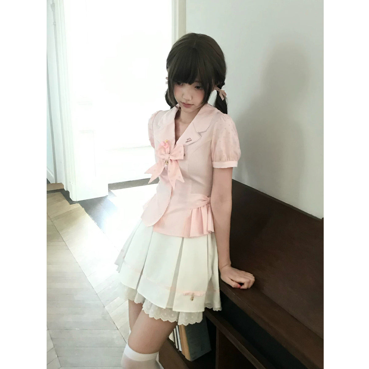 Sweet Bow Lace Doll Collar Puff Sleeve Dress LAL0225