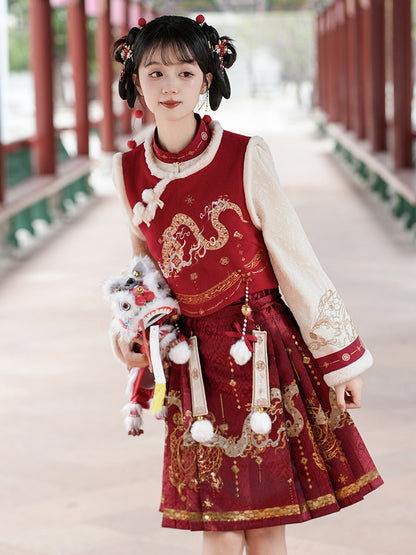 Chinese Dragon Embroidered Vest And Skirt Set YOU0288