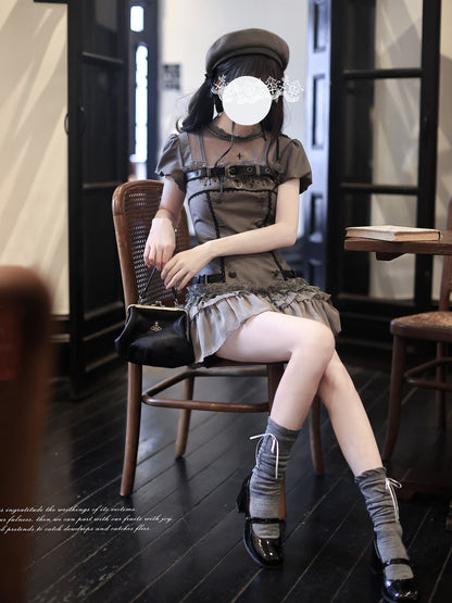 Gothic Lace Belted Ruffle Dress HUT0161