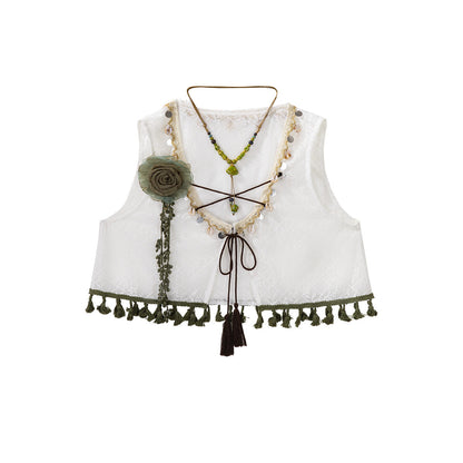 Ivory Floral Chiffon Asymmetric Hem Dress With Lace Vest YOU0308