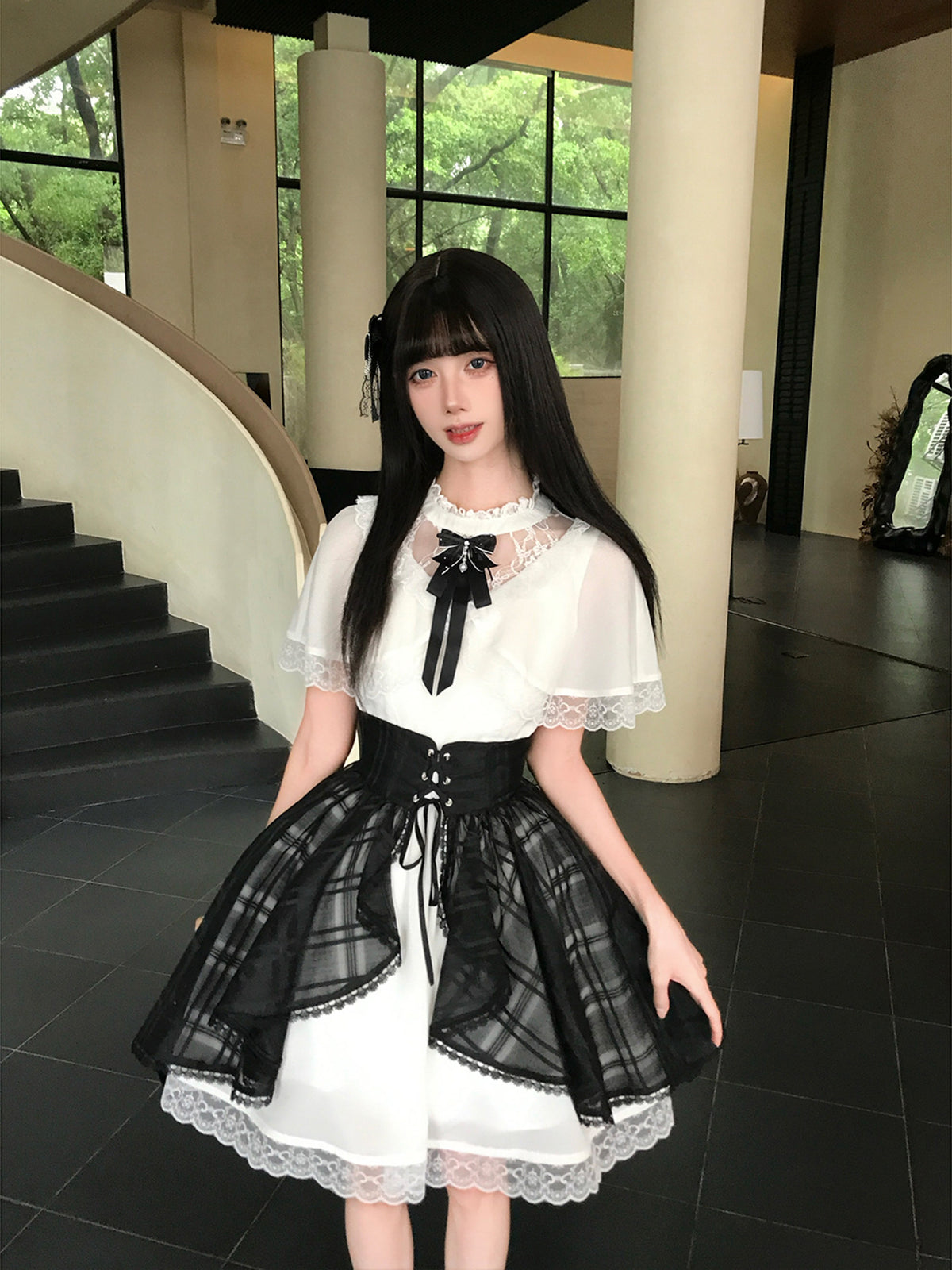Puff Sleeve Lace Trim Plaid Overskirt Dress LAL0218