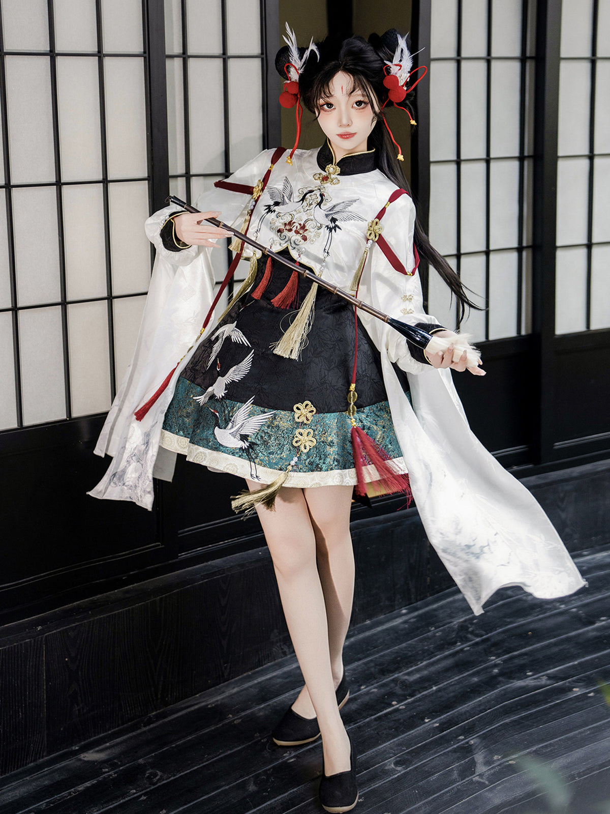Chinese Style Crane Embroidered Cape Dress YOU0261