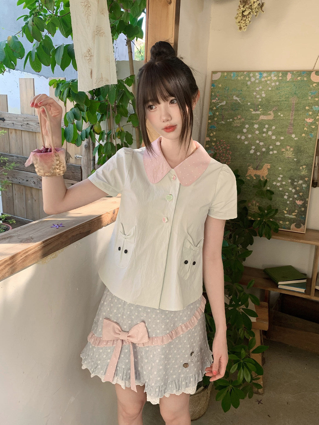 Mint Peter Pan Collar Cat Pocket Blouse LAL0182