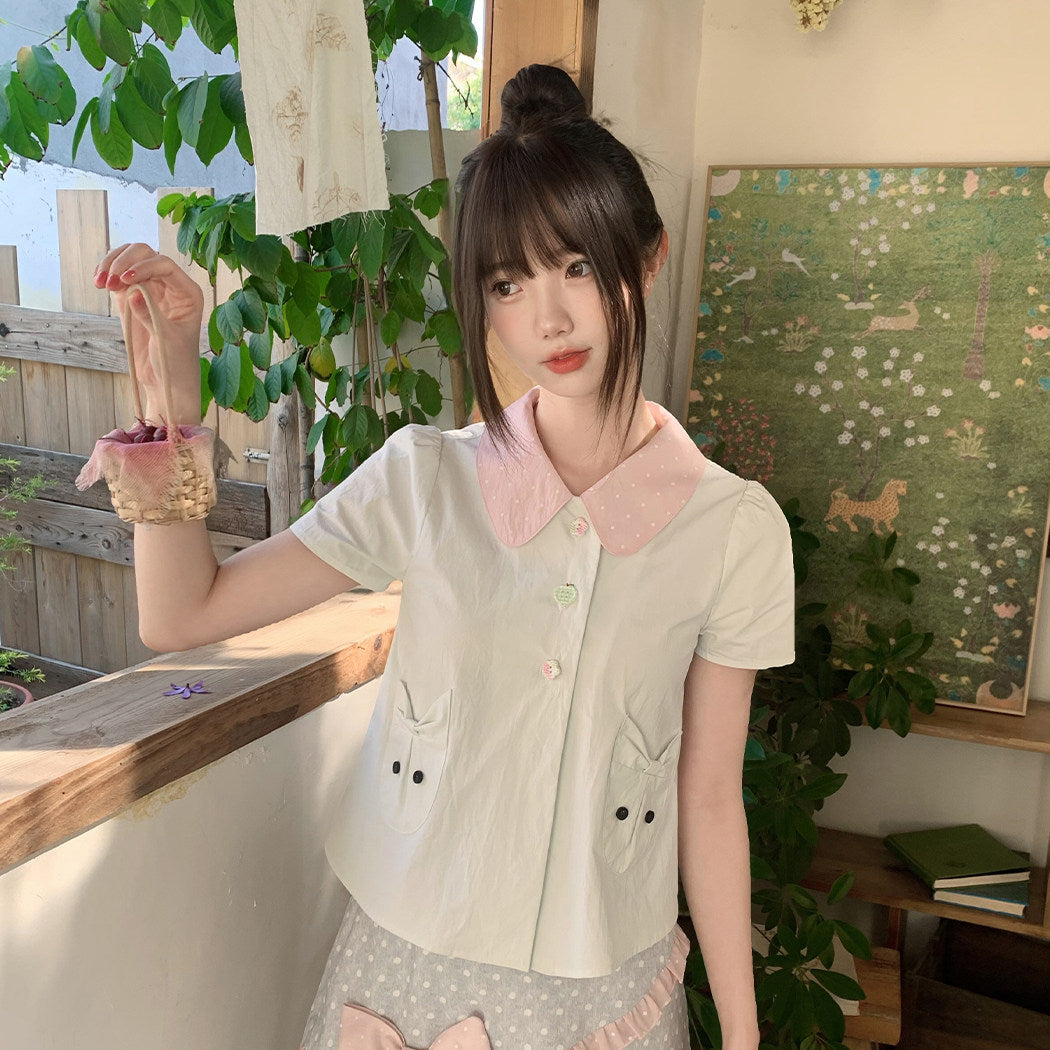 Mint Peter Pan Collar Cat Pocket Blouse LAL0182