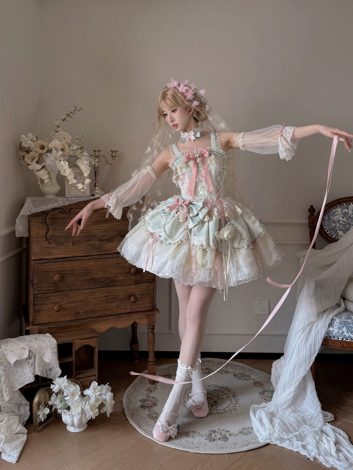 Pastel Floral Sheer Lace Lolita Dress ONE0022