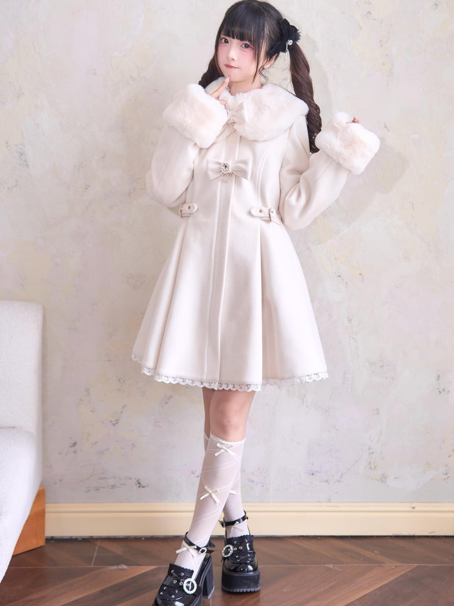 Sweet Fur Flare Double Ribbon Coat NOG0011