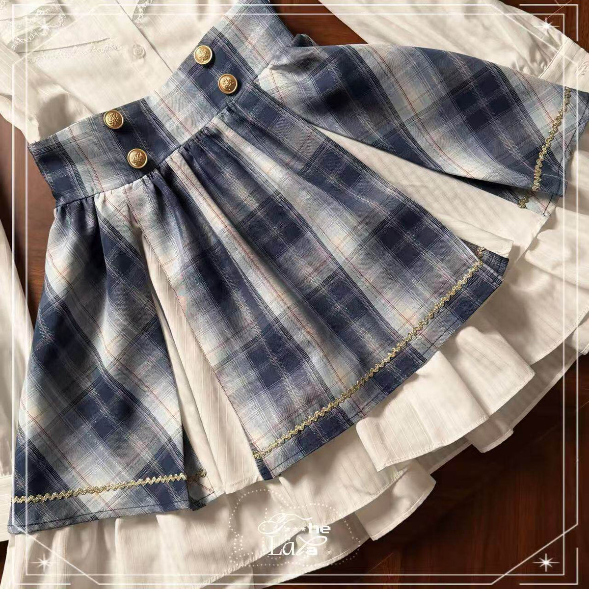 Plaid Cape Bow Blouse With Tiered Skirt LAL0167