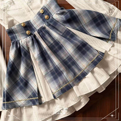 Plaid Cape Bow Blouse With Tiered Skirt LAL0167