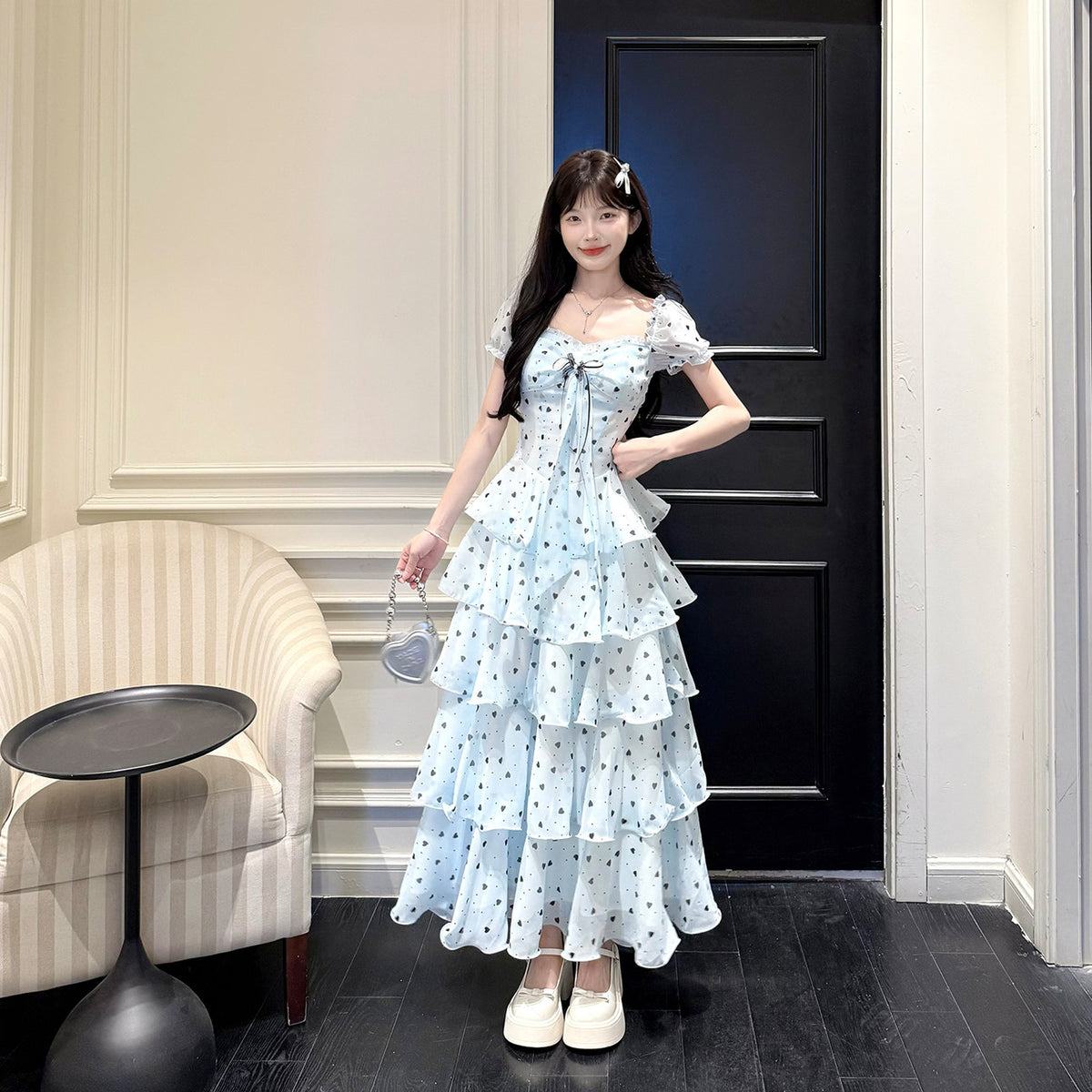 Blue Polka Dot Puff Sleeve Tiered Dress BEL0028