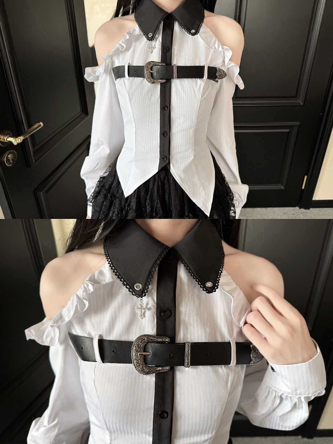 Gothic Harness Belt Off-Shoulder Blouse LAL0130