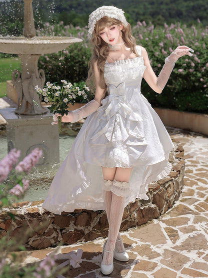White Lace Ruffle Bow High-Low Train Dress YOU0278