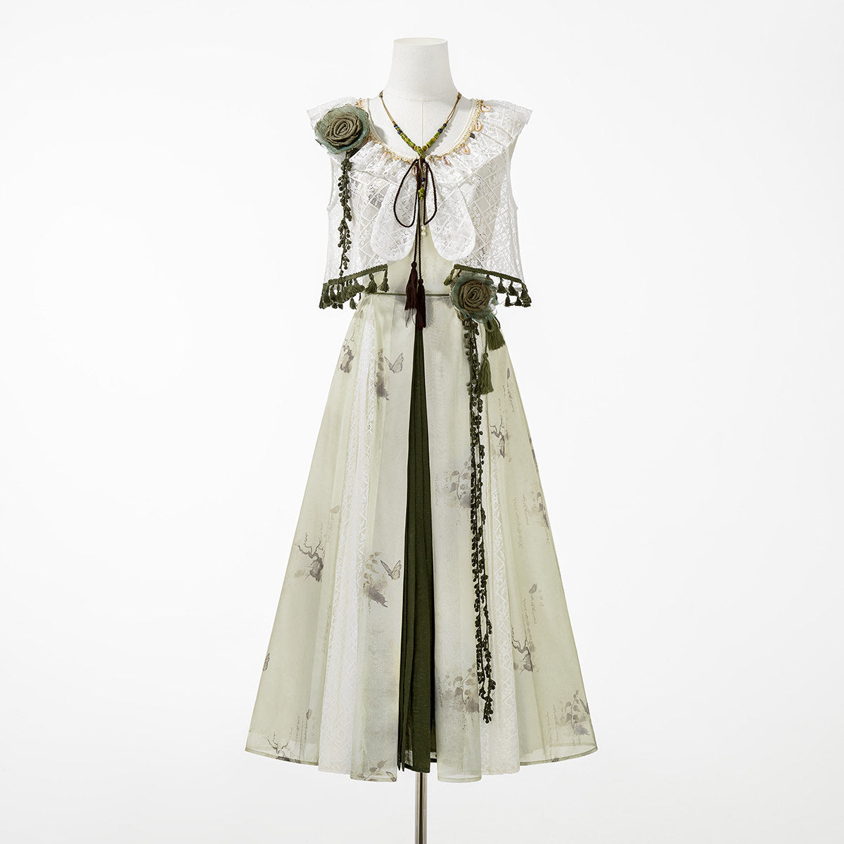 Ivory Floral Chiffon Asymmetric Hem Dress With Lace Vest YOU0308