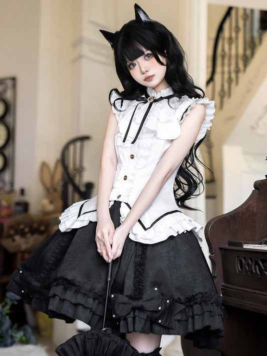 Black White Ruffled Lolita Vest Skirt Set YOU0269