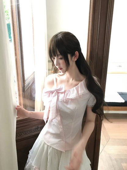 Off Shoulder Ruffle Blouse With Tulle Skirt Set LAL0188