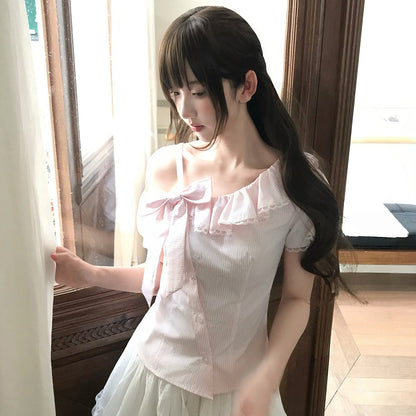 Off Shoulder Ruffle Blouse With Tulle Skirt Set LAL0188