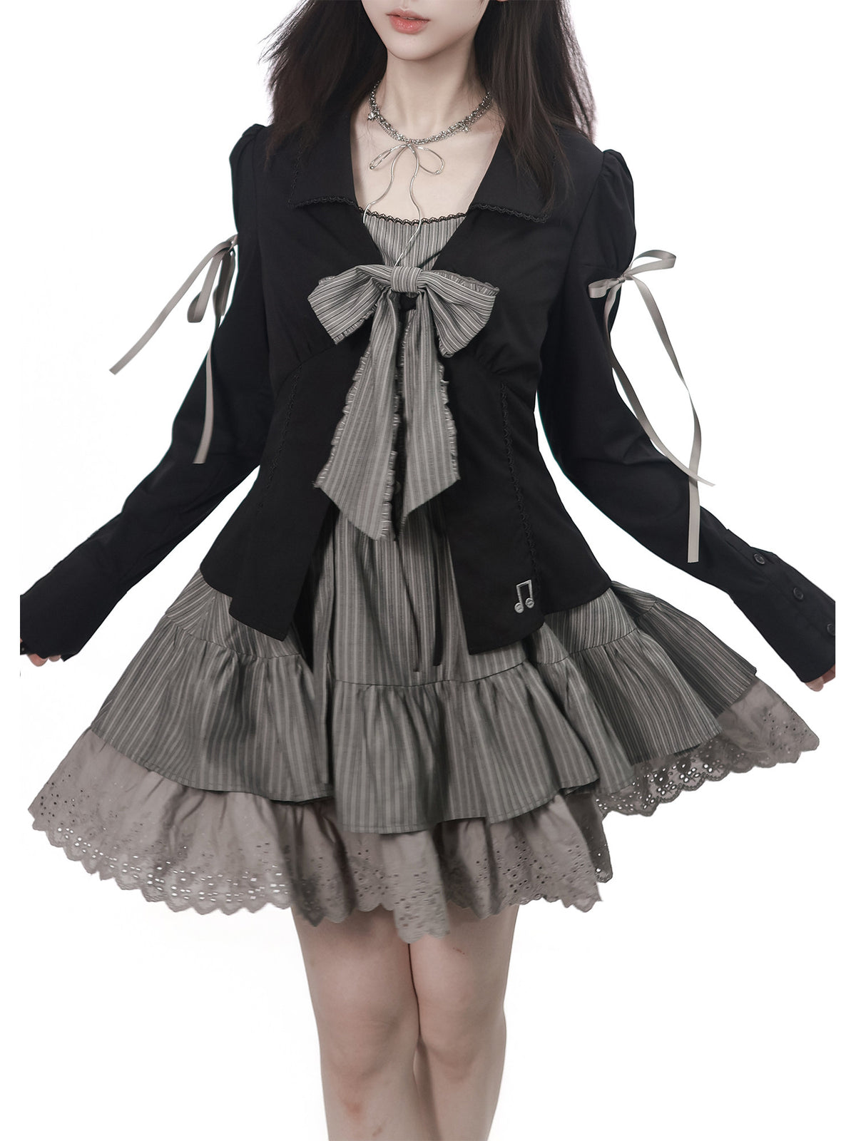 Ribbon Tie Blouse Jacket And Slip Dress PIN0051